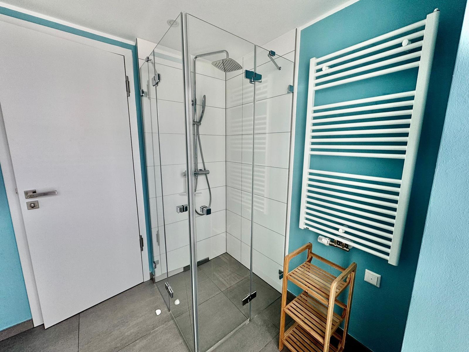 Dusche mit Glaswand, Heizung und Holzregal an der Wand.