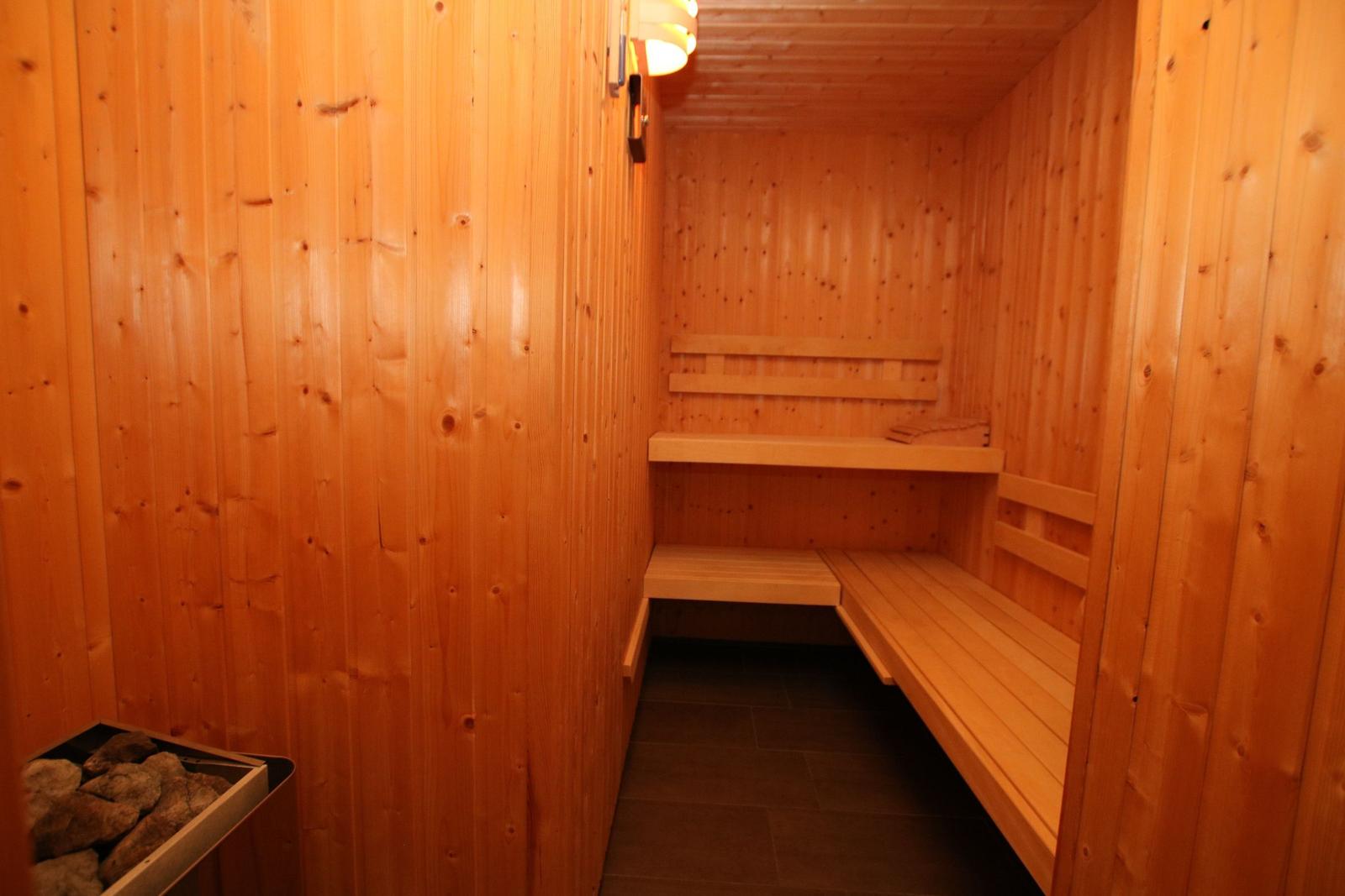 Holzsauna mit mehreren Sitzbänken und Steinbecken.