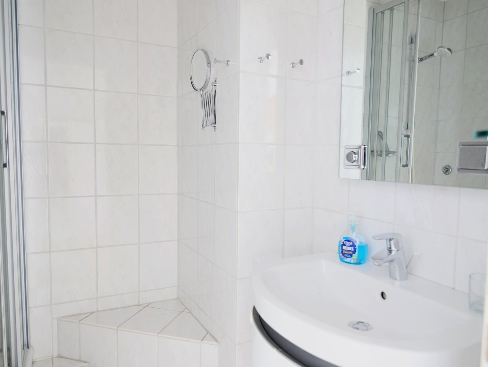 Bathroom with shower, sink, and mirror.