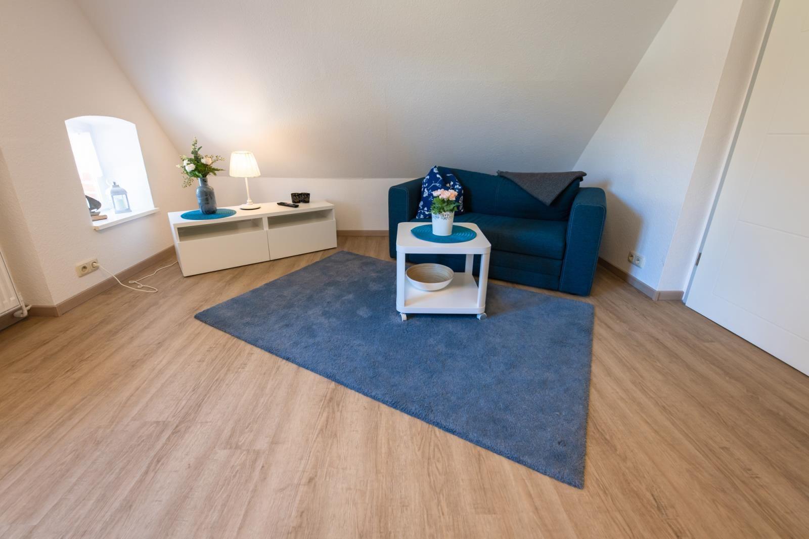 A living room with blue sofa, white table, and blue rug on wooden floor.
