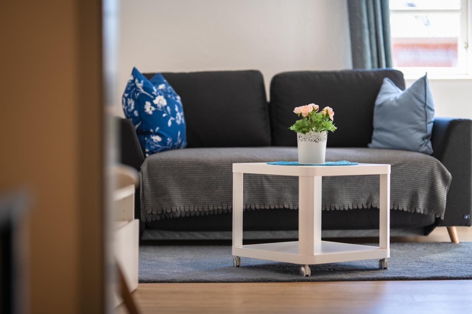 Ein schwarzes Sofa mit Kissen und einer Pflanze auf einem weißen Tisch.