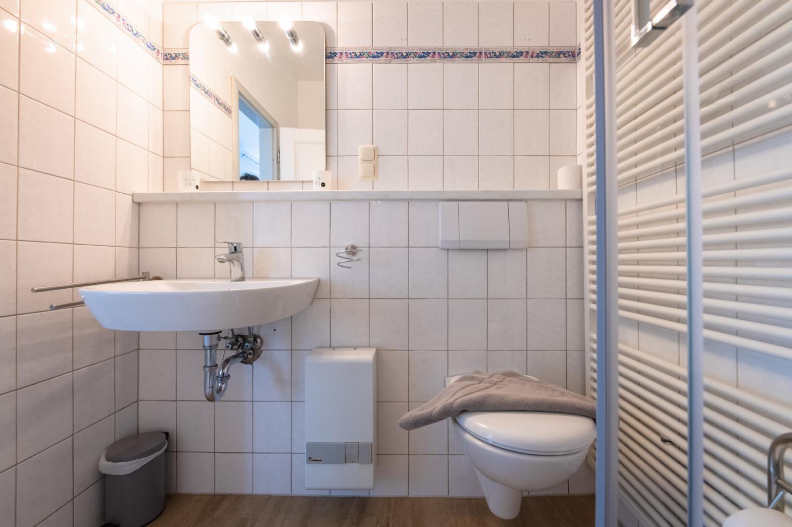Bathroom with sink, mirror, toilet, and heater.
