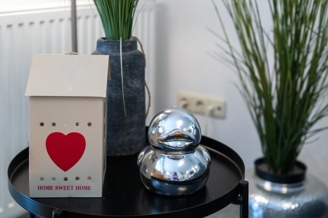 On a table, a lantern with a heart and a shiny duck sit beside plants.