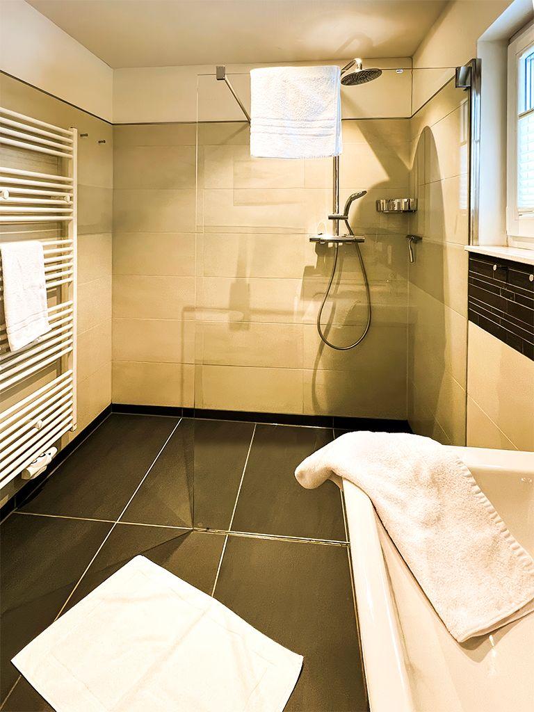 Shower with glass enclosure, bathtub, and heater. White towels and dark tiles.