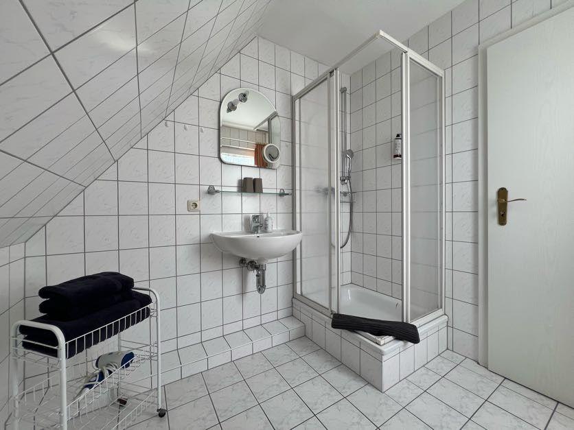 Badezimmer mit Dusche, Waschbecken und Spiegel. Schwarze Handtücher auf Wagen.