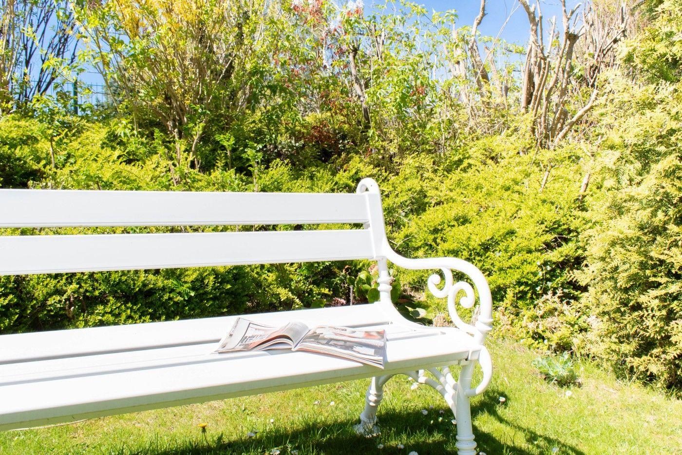 Weiße Bank mit Zeitschrift im grünen Garten