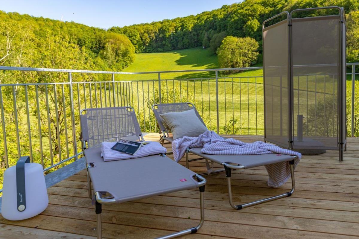 Terrasse mit Liegestühlen und Blick auf grüne Wiesen und Bäume.