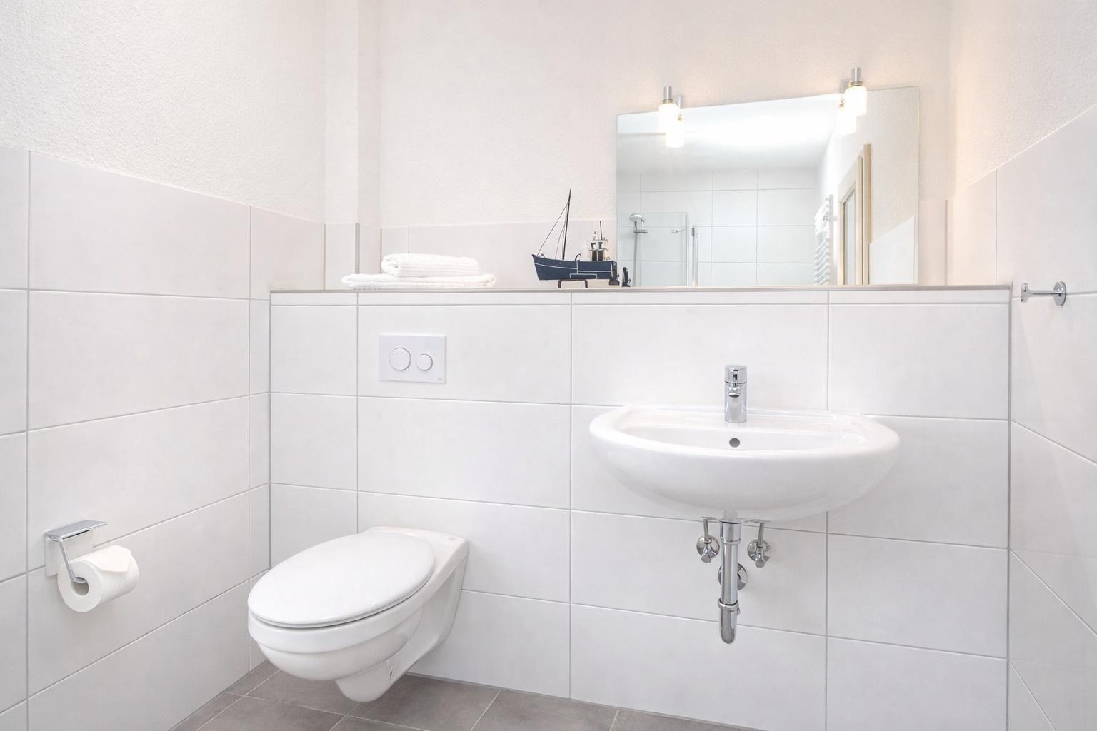 Bathroom with toilet, sink, and mirror. Decoration: model sailboat.