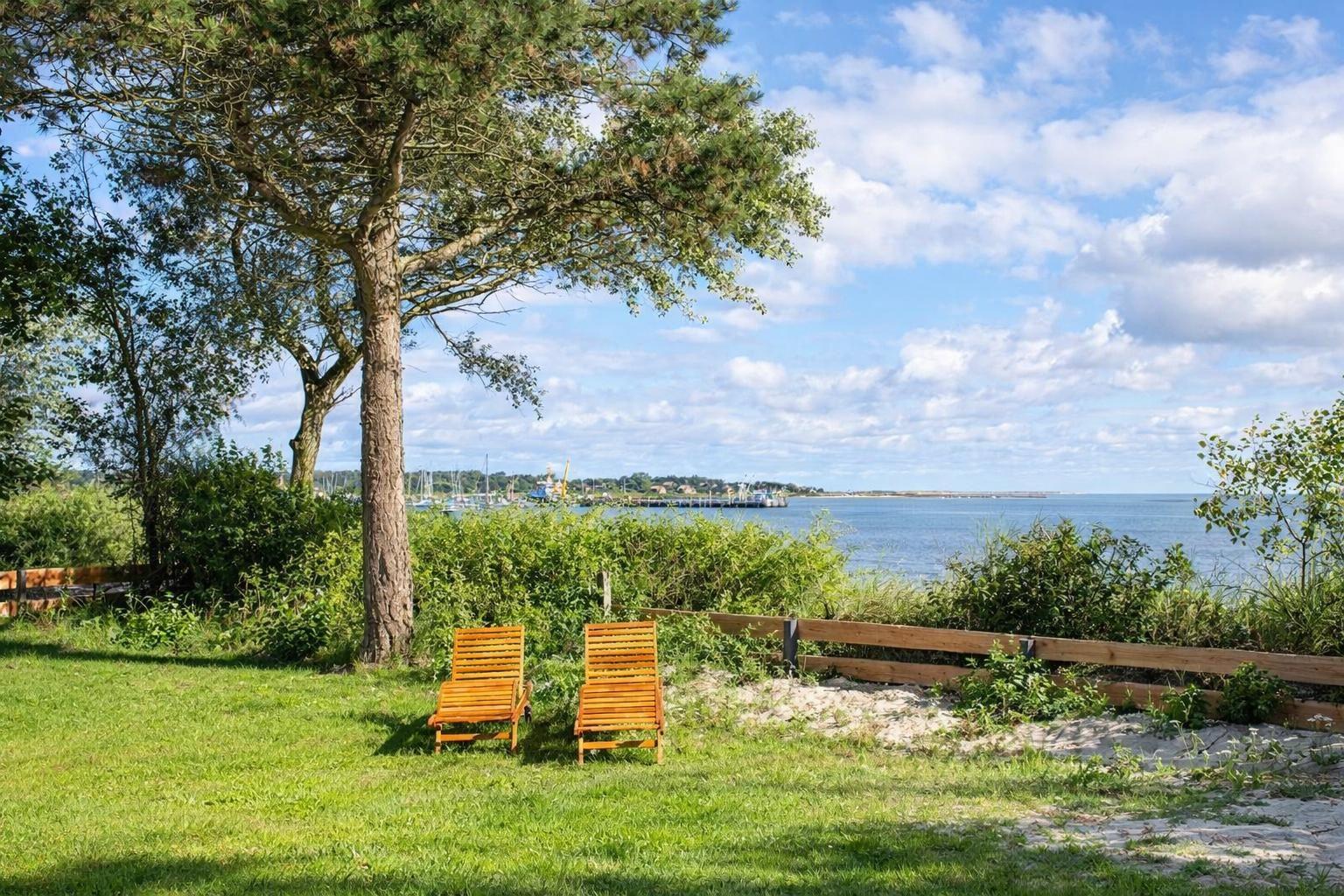 Two wooden chairs under a tree with a view of the sea and a harbor.