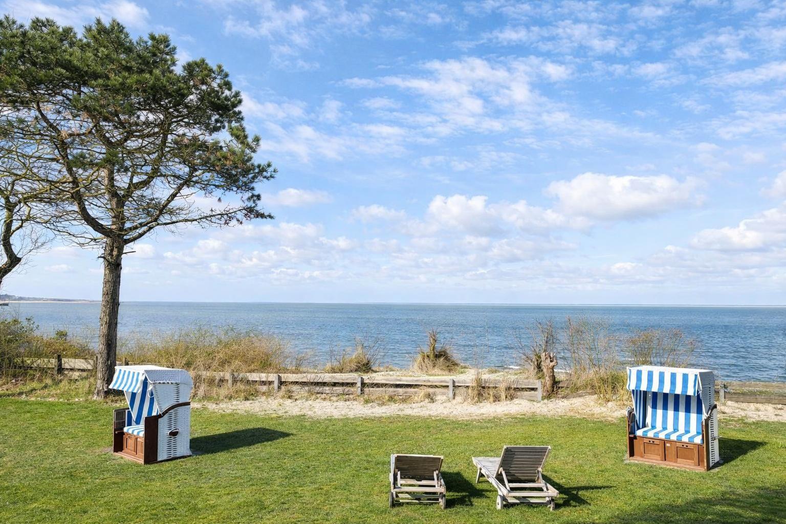Two beach chairs and two loungers on a green lawn with a view of the sea.