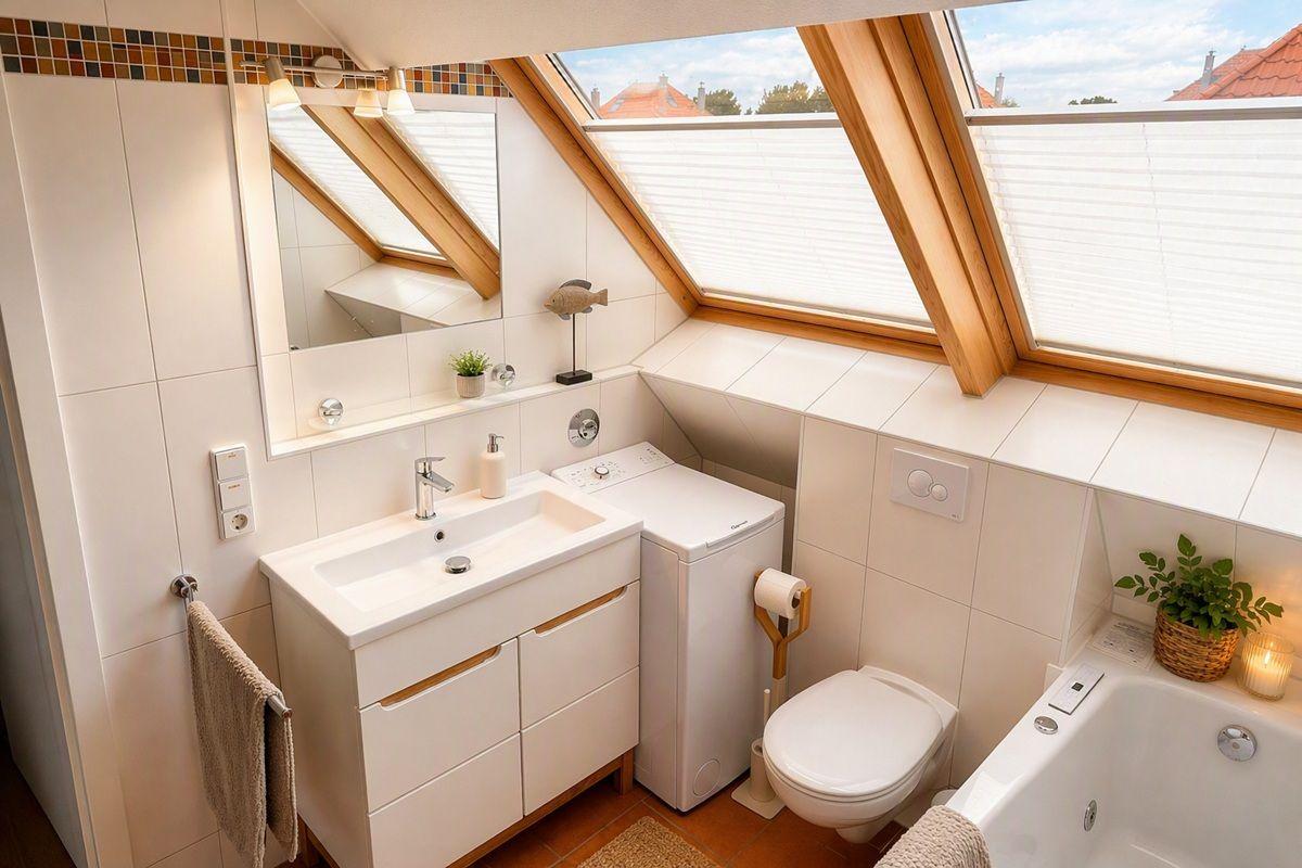 Badezimmer mit Dachfenster, Waschbecken, Toilette und Badewanne.