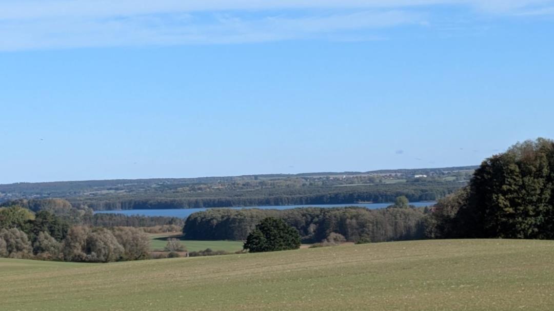 Weitläufiges Grünfeld mit Blick auf einen See und Wald im Hintergrund unter blauem Himmel.