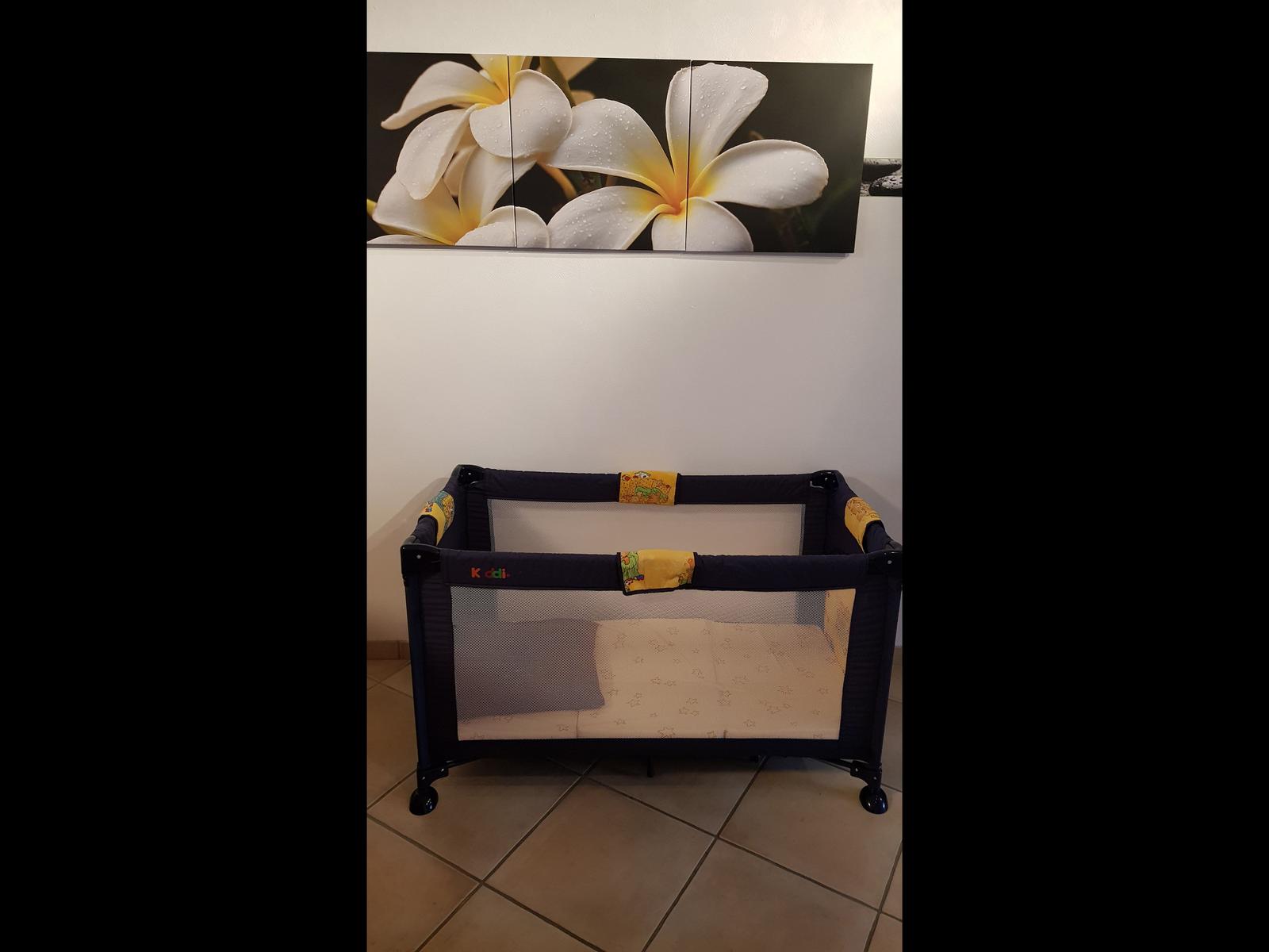 Baby crib with mattress and wall art of frangipani flowers