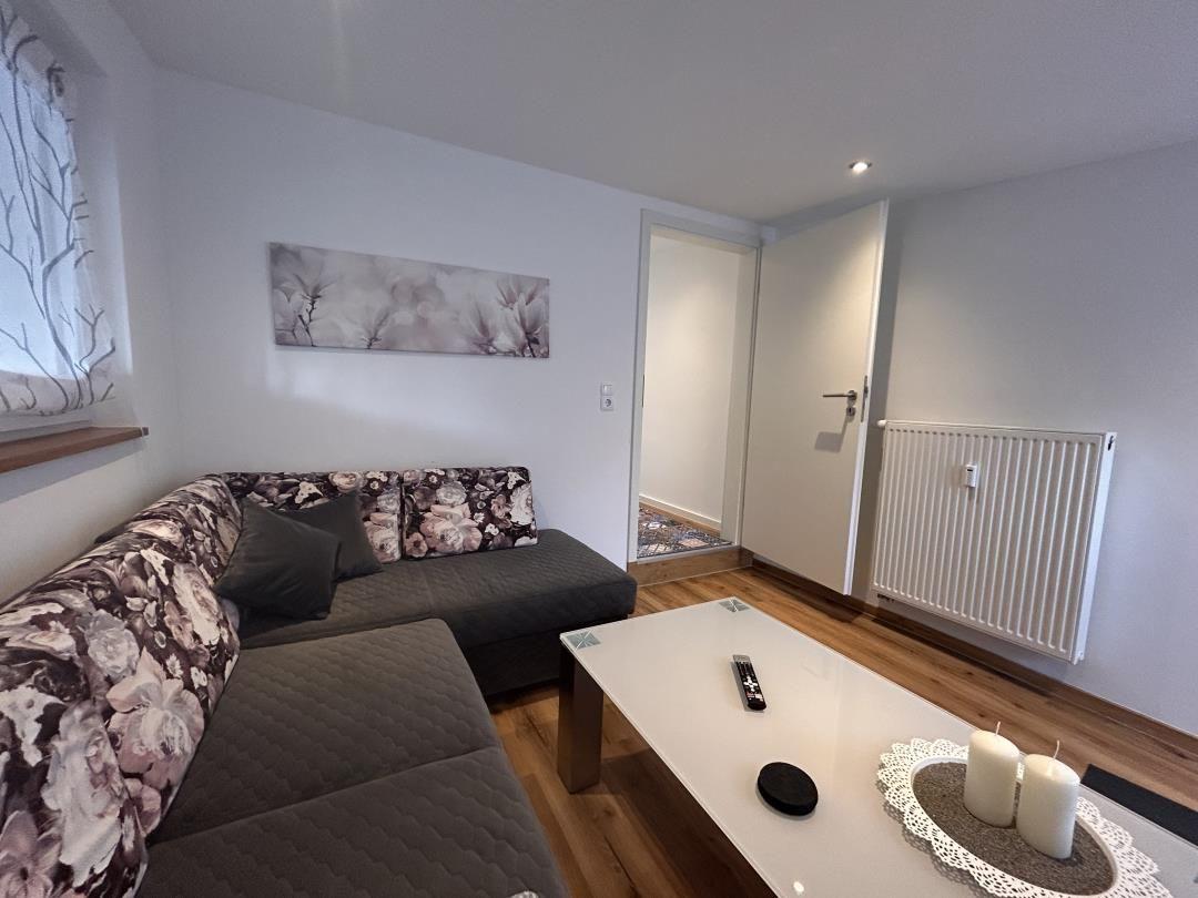 Wohnzimmer mit Sofa, Couchtisch und Wandbild. Tür führt in den Flur.