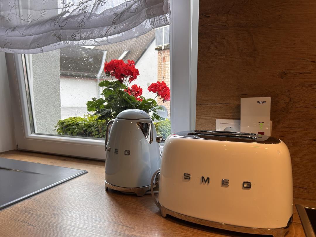 Küchenzeile mit Toaster und Wasserkocher neben Fenster mit Blumen.