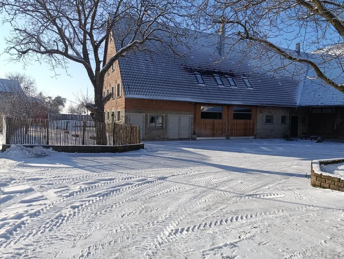 Schneebedeckter Hof mit traditionellem Bauernhaus und kahlen Bäumen.