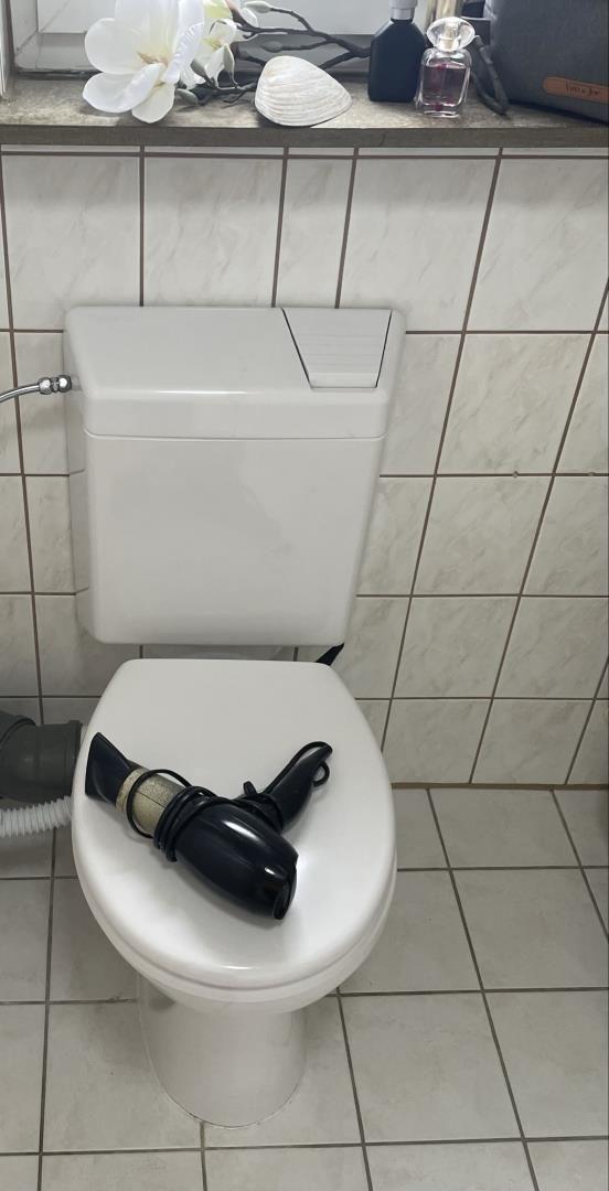 Toilette mit Haartrockner auf dem Sitz und dekorativen Gegenständen auf der Ablage
