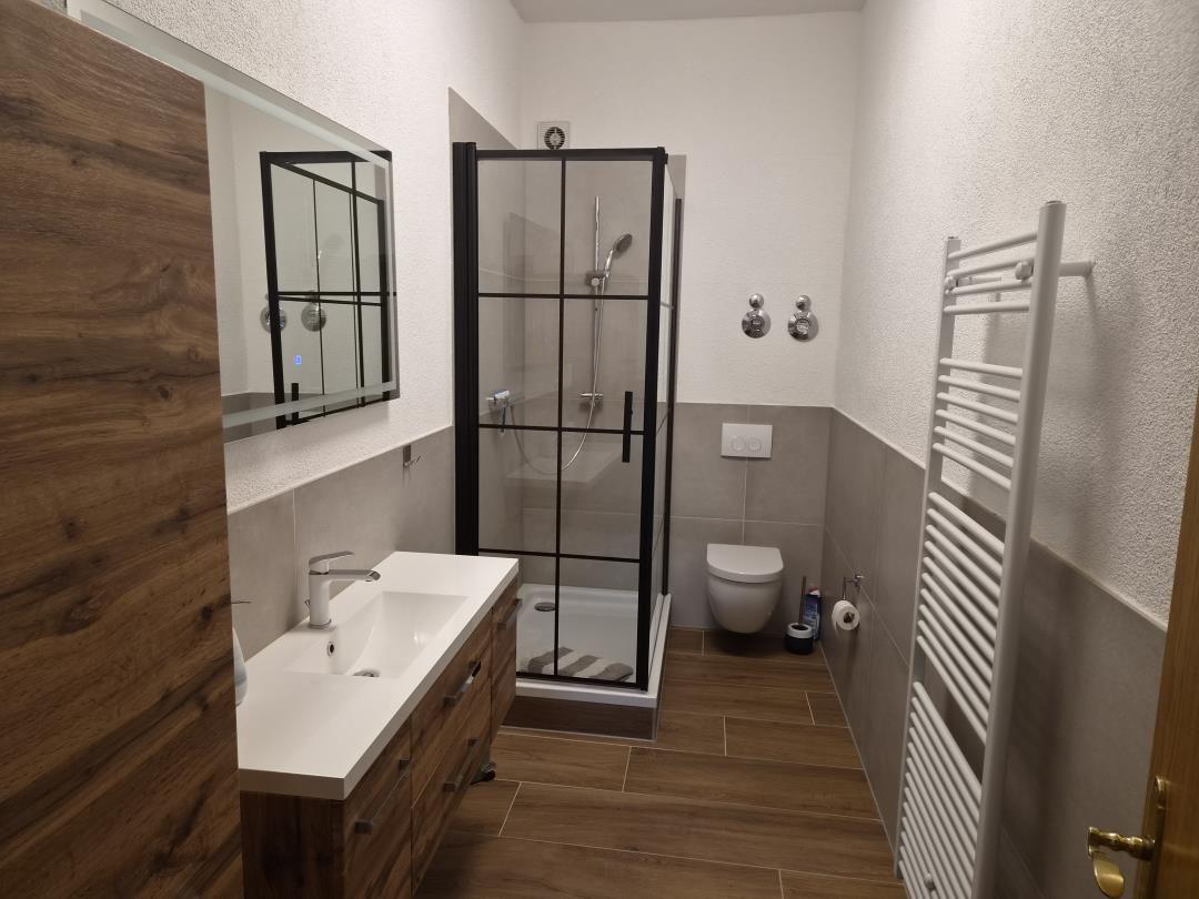 Bad mit Dusche, Waschbecken und Heizkörper