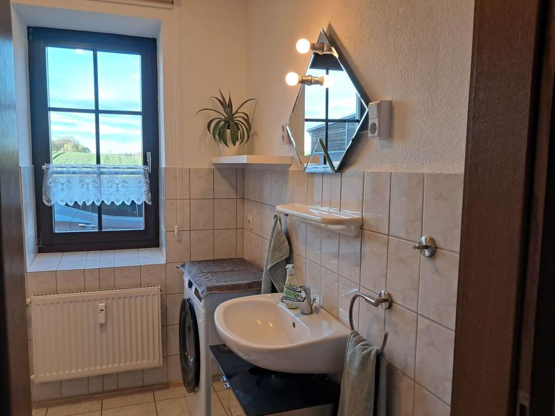 Badezimmer mit Waschmaschine, Spiegel und Fenster mit Blick auf die Landschaft.