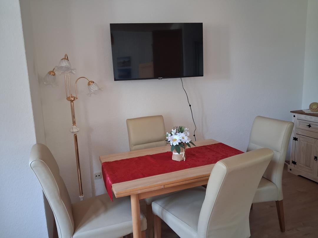 Dining table with four chairs, red tablecloth, and flowers. Wall-mounted TV and floor lamp.