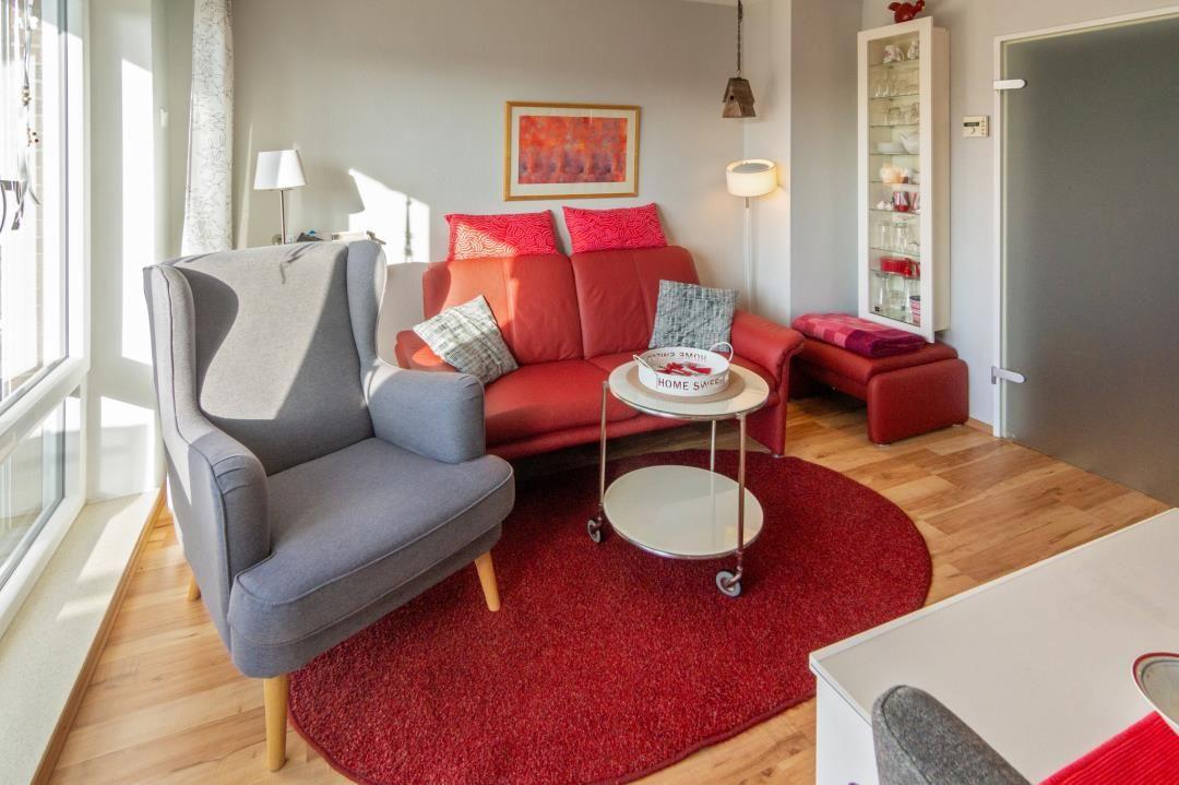 Ein Wohnzimmer mit rotem Sofa, grauer Sessel und runder roter Teppich.