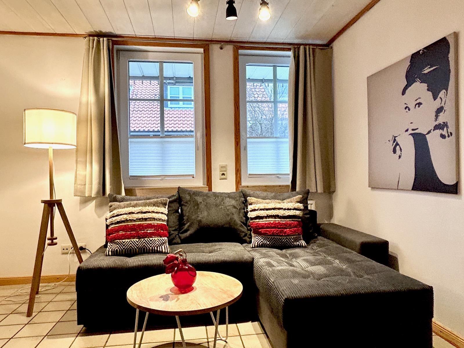 Ein Wohnzimmer mit einem grauen Sofa, zwei Fenstern und einer Wanddekoration.