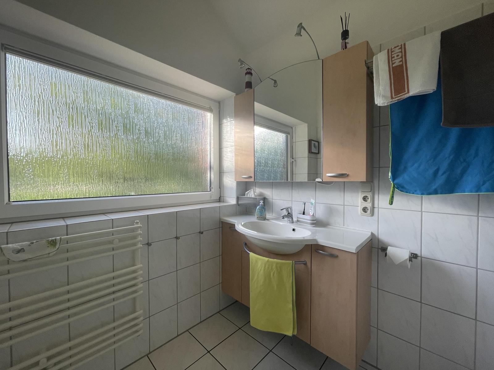 Bathroom with sink, mirror, and window with tinted glass.