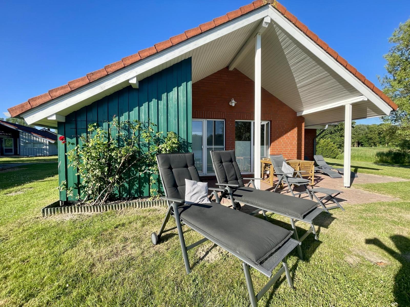Green house with terrace and sun loungers in the garden