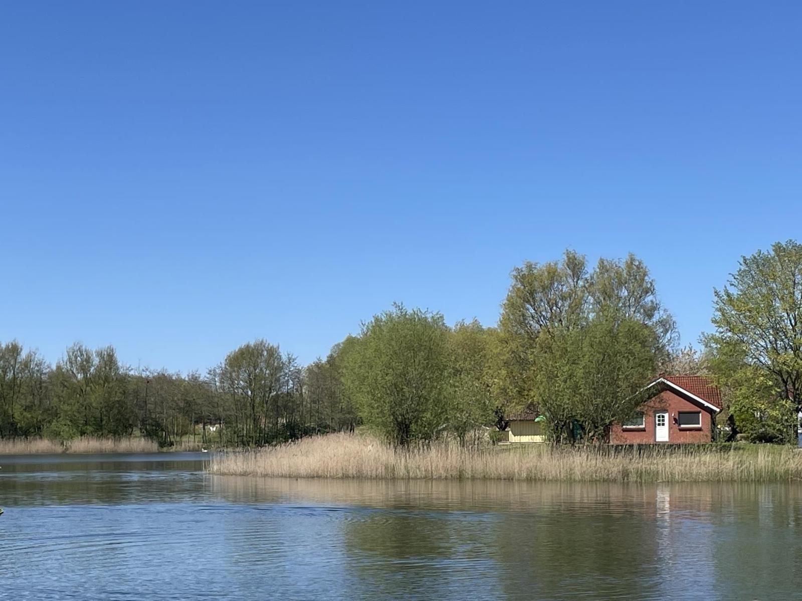 Red house by the lake with trees and clear sky.