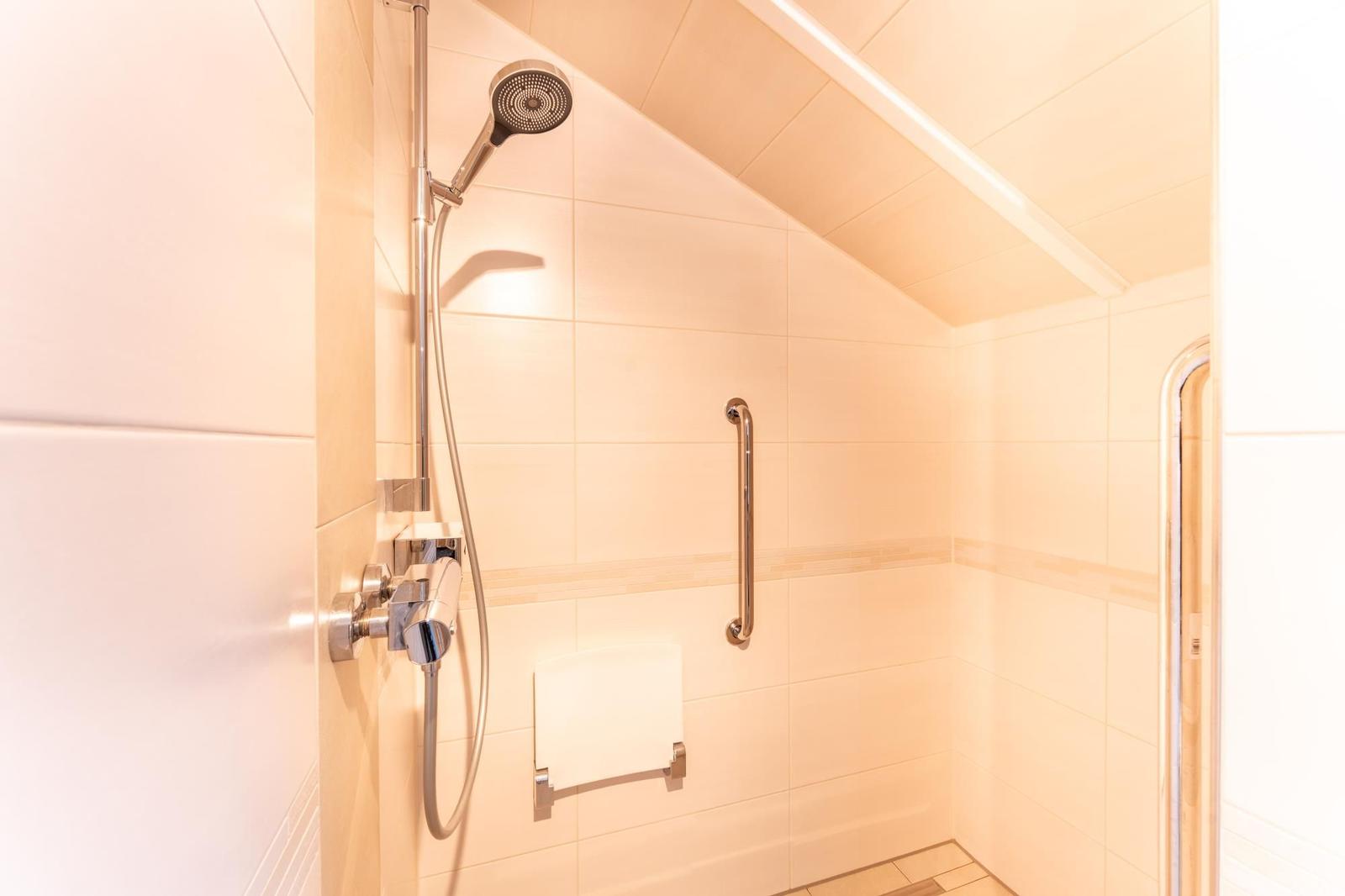 Shower with showerhead, grab bar, and towel holder on wall