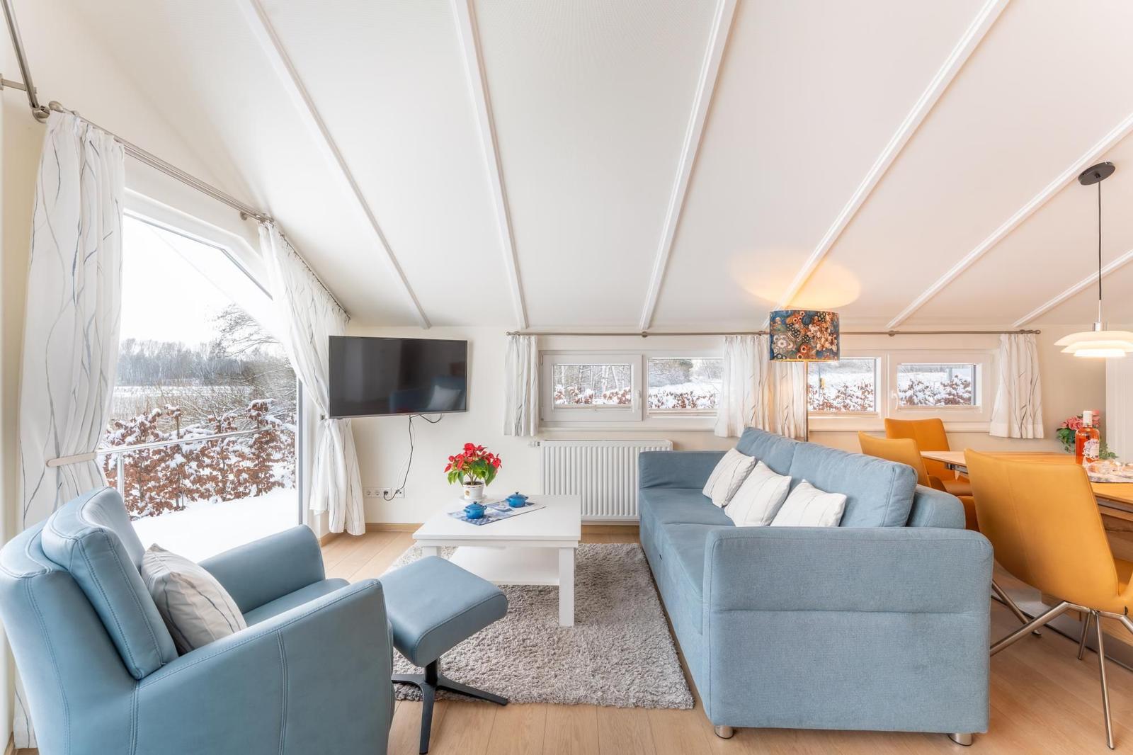 Living and dining area with sofa, armchair, TV, and view of snow.