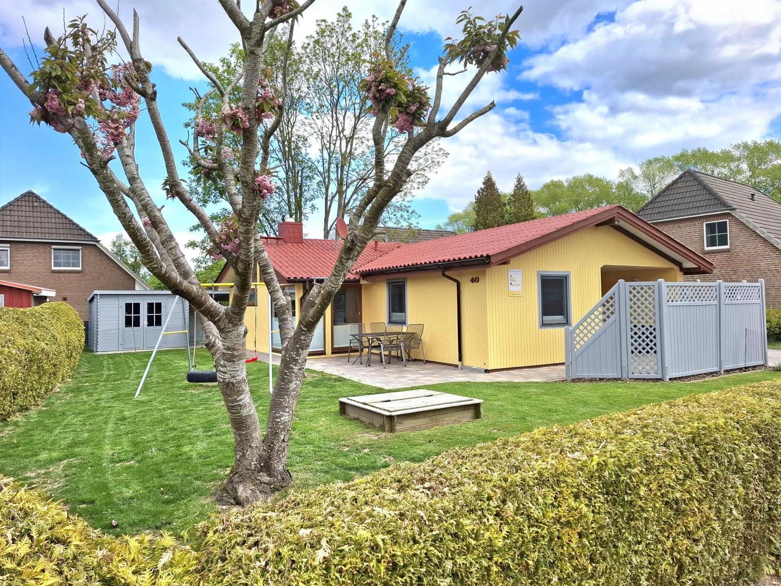 Gelbes Ferienhaus mit Terrasse, Garten und Blühbaum unter blauem Himmel.