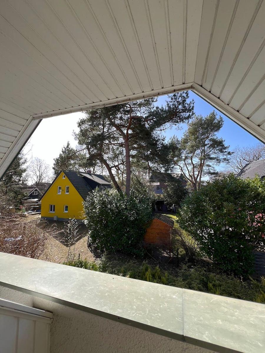 Blick vom Balkon auf einen Garten mit Bäumen und ein gelbes Haus.