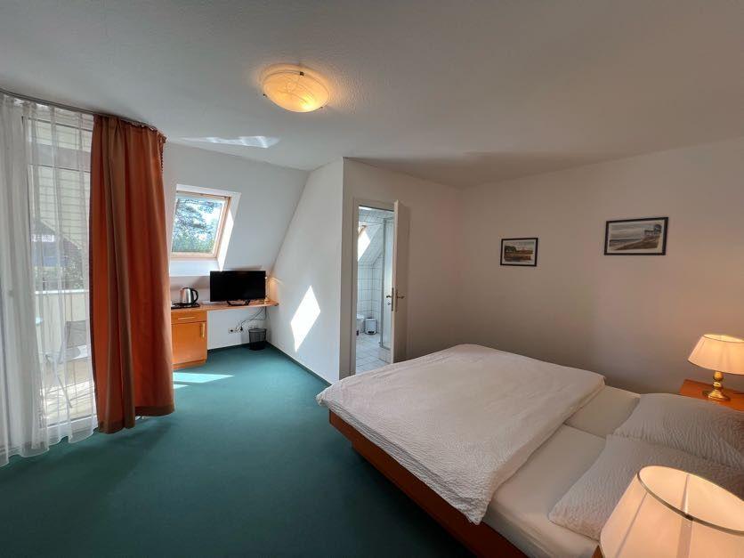 Schlafzimmer mit Bett, Schreibtisch, TV und Fenster. Tür führt in Bad.