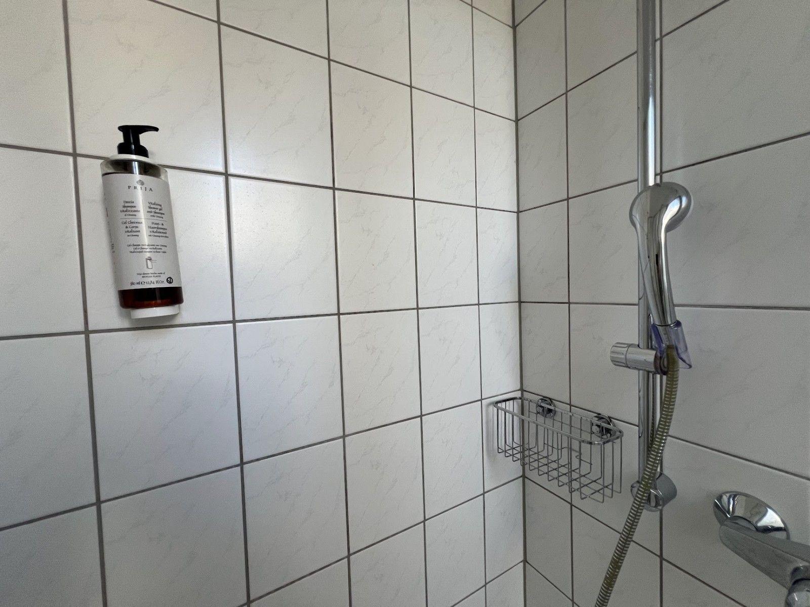 Dusche mit Duschbrause, Duschkorb und Flasche Duschgel an Wand.