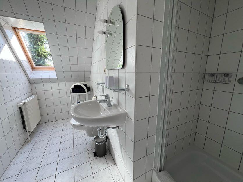 Badezimmer mit Dusche, Waschbecken und Fenster