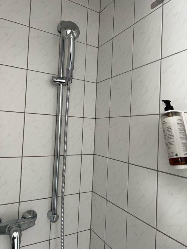 Dusche mit Handbrause und Duschgel an der Wand