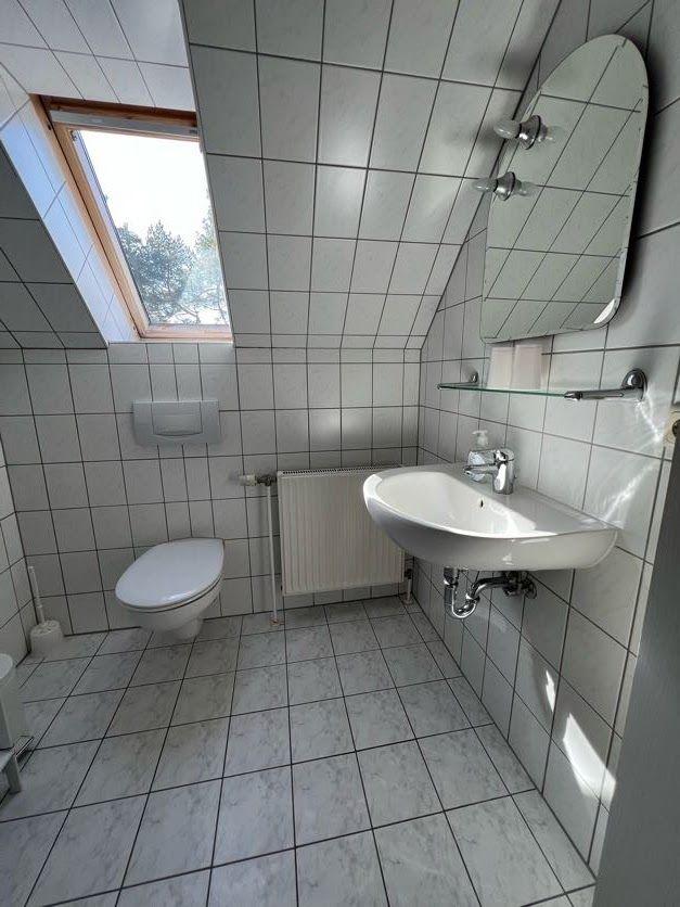 Badezimmer mit Toilette, Waschbecken und Dachfenster. Fliesen an Wänden und Boden.
