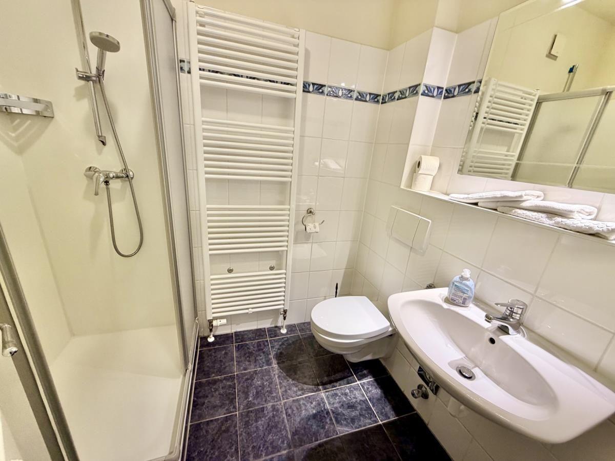 Badezimmer mit Dusche, Toilette und Waschbecken.