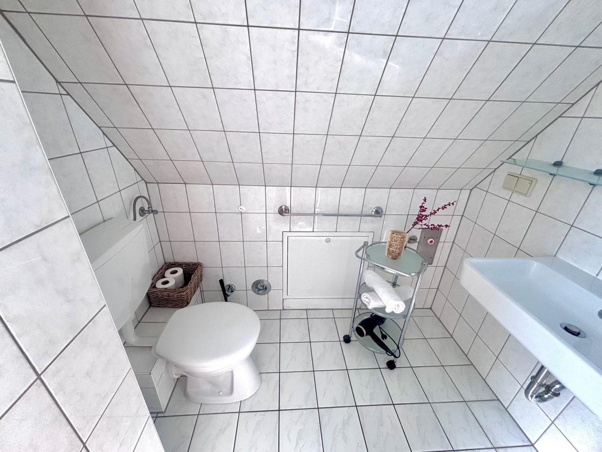 Badezimmer mit Toilette, Waschbecken und Duschbereich mit weißen Fliesen.