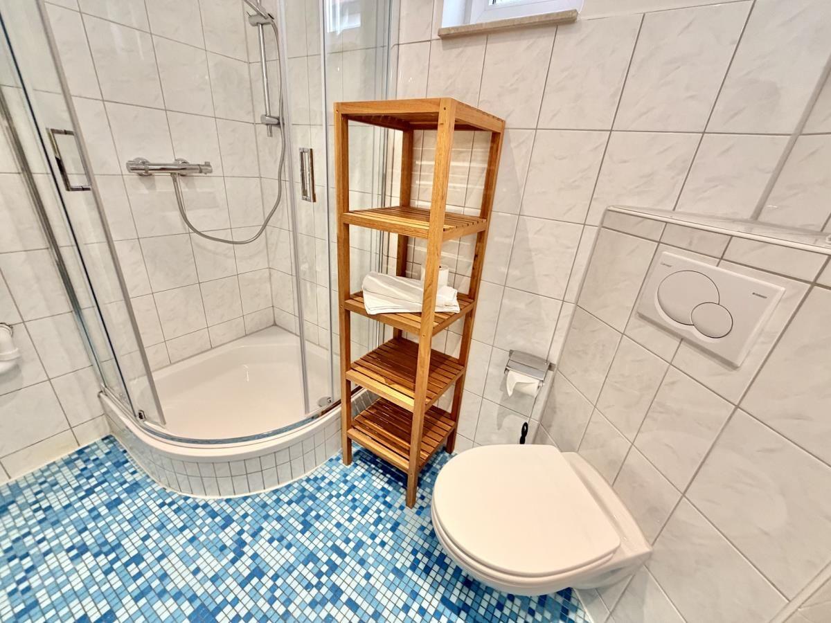 Badezimmer mit Dusche, Toilette und Holzregal auf blauem Mosaikboden.