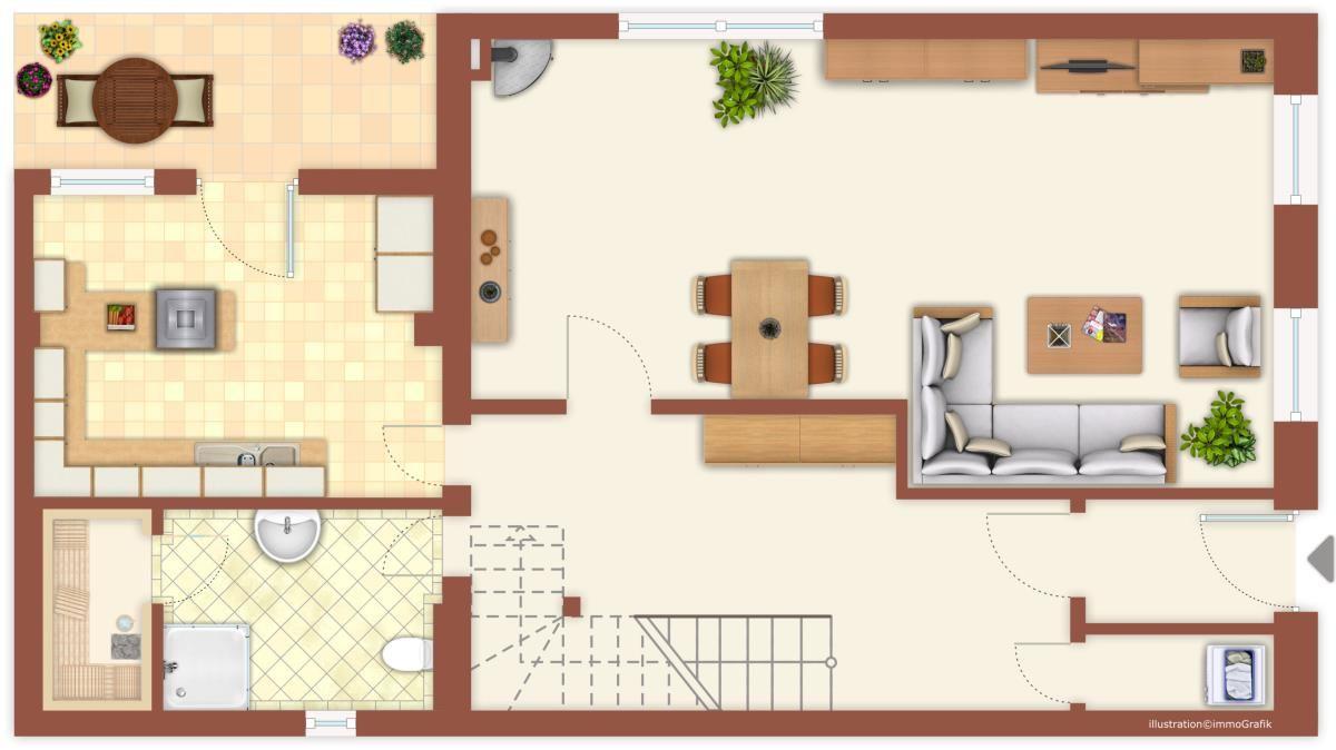 Wohnung mit Küche, Essbereich, Wohnzimmer, Schlafzimmer und Bad.