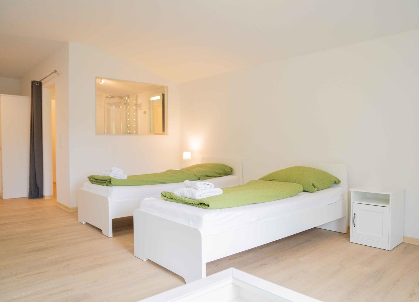 Zwei Einzelbetten mit grünen Decken und Kissen. Spiegel, Nachttisch und Boden aus Holz.