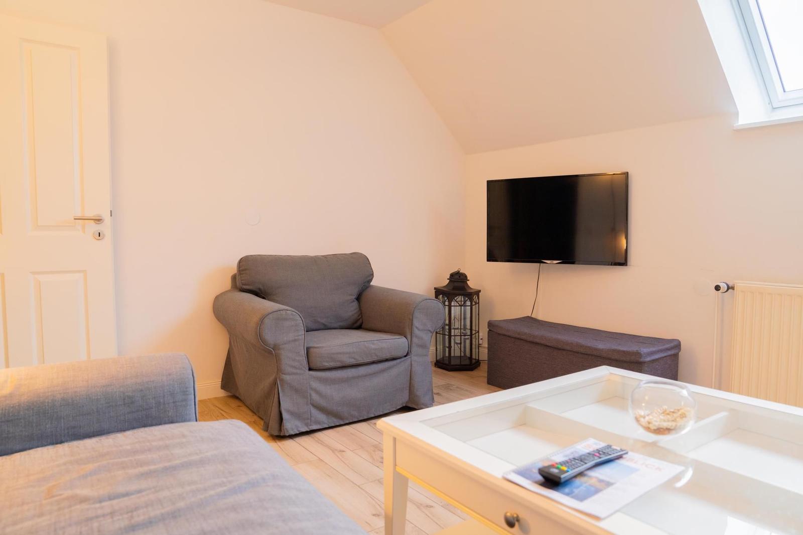 Wohnzimmer mit Sessel, Fernseher und Tisch. Dachfenster und Holzboden.