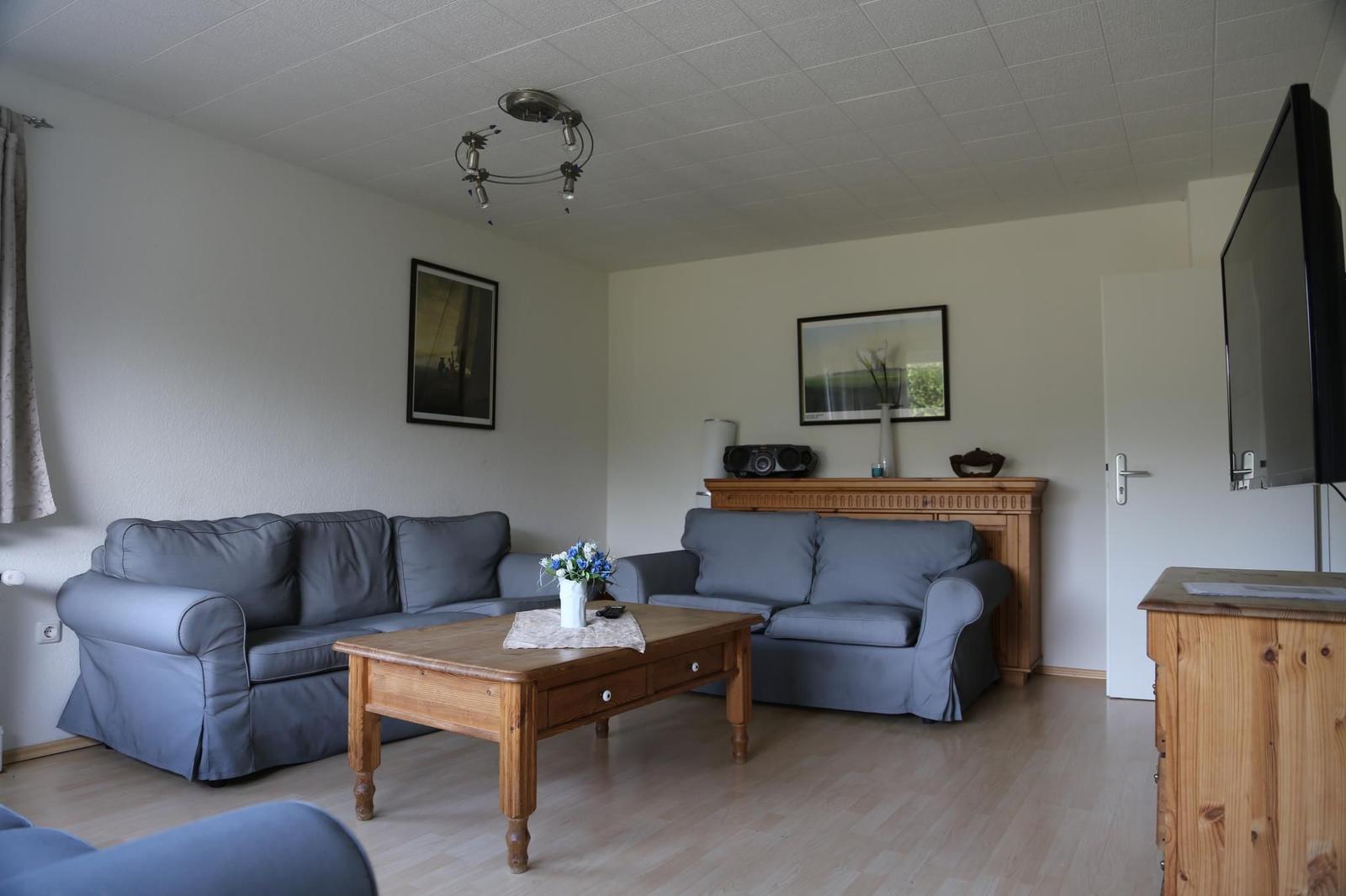 Wohnzimmer mit zwei grauen Sofas, Holztisch und Fernseher an der Wand.