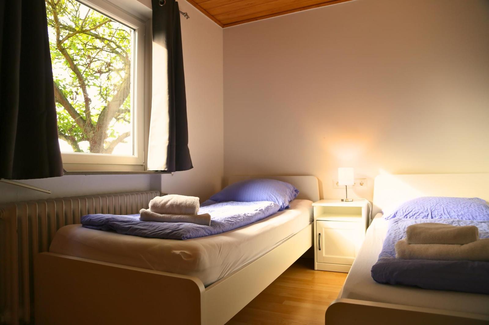 Zwei Einzelbetten mit blauen Kissen und Handtüchern. Fenster mit Blick auf einen Baum.