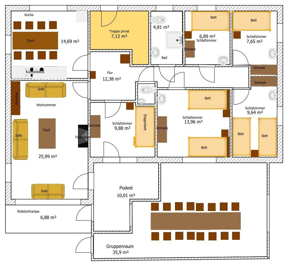 Dieses Haus hat eine Küche, Wohnzimmer, Schlafzimmer und einen Gruppenraum.