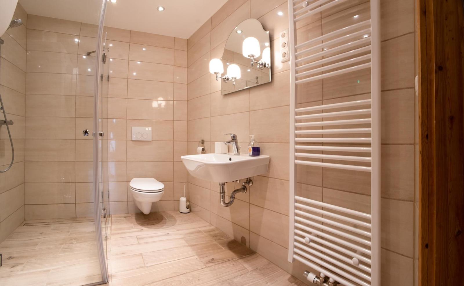 Badezimmer mit Dusche, Toilette, Waschbecken und Heizkörper.