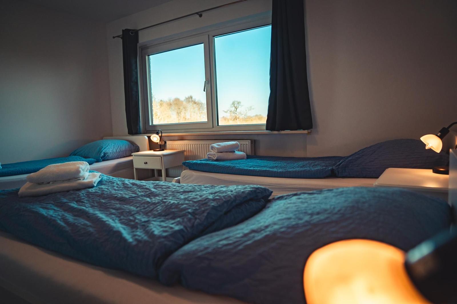 Zwei Betten mit blauen Bettwäschen, Fenster mit Blick auf Landschaft, Nachttische mit Lampen.