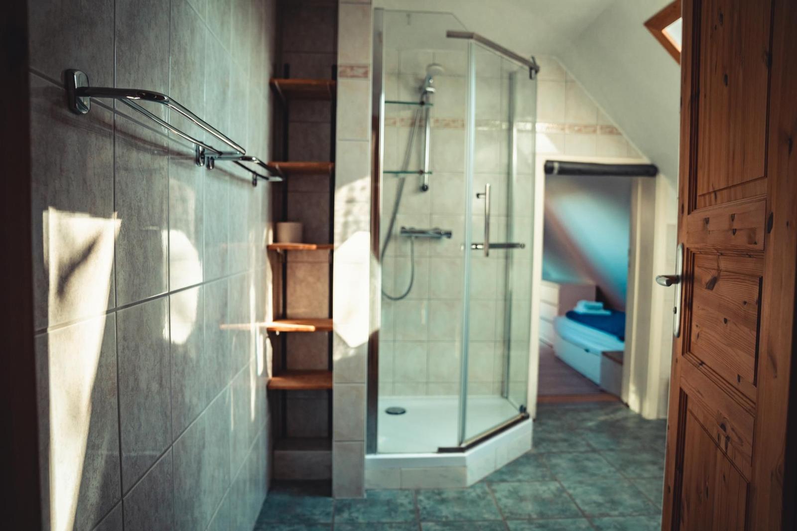 Dusche mit Glaswand, Holzregale und Duschbrause. Blick in Schlafzimmer mit Bett.